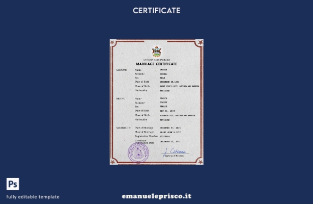 modello PSD di certificato di matrimonio di Antigua e Barbuda in stile verificat